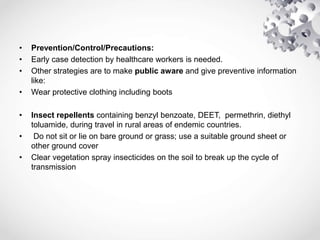 • Prevention/Control/Precautions:
• Early case detection by healthcare workers is needed.
• Other strategies are to make public aware and give preventive information
like:
• Wear protective clothing including boots
• Insect repellents containing benzyl benzoate, DEET, permethrin, diethyl
toluamide, during travel in rural areas of endemic countries.
• Do not sit or lie on bare ground or grass; use a suitable ground sheet or
other ground cover
• Clear vegetation spray insecticides on the soil to break up the cycle of
transmission
 