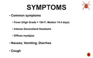  Common symptoms
 Fever (High Grade > 104 F; Median 14.4 days)
 Intense Generalized Headache
 Diffuse myalgias
 Nausea, Vomiting, Diarrhea
 Cough
 