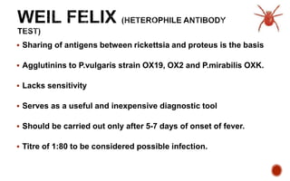  Sharing of antigens between rickettsia and proteus is the basis
 Agglutinins to P.vulgaris strain OX19, OX2 and P.mirabilis OXK.
 Lacks sensitivity
 Serves as a useful and inexpensive diagnostic tool
 Should be carried out only after 5-7 days of onset of fever.
 Titre of 1:80 to be considered possible infection.
 