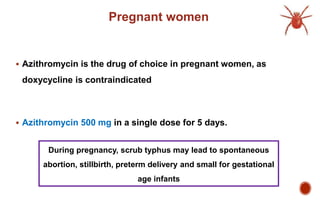 Pregnant women
 Azithromycin is the drug of choice in pregnant women, as
doxycycline is contraindicated
 Azithromycin 500 mg in a single dose for 5 days.
During pregnancy, scrub typhus may lead to spontaneous
abortion, stillbirth, preterm delivery and small for gestational
age infants
 