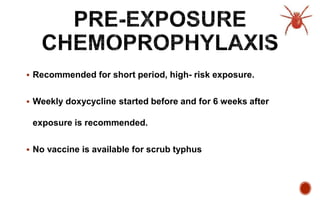  Recommended for short period, high- risk exposure.
 Weekly doxycycline started before and for 6 weeks after
exposure is recommended.
 No vaccine is available for scrub typhus
 