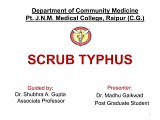 SCRUB TYPHUS
Presenter:
Dr. Madhu Gaikwad
Post Graduate Student
1
Guided by:
Dr. Shubhra A. Gupta
Associate Professor
Department of Community Medicine
Pt. J.N.M. Medical College, Raipur (C.G.)
 