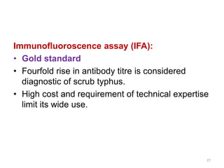 Immunofluoroscence assay (IFA):
• Gold standard
• Fourfold rise in antibody titre is considered
diagnostic of scrub typhus...