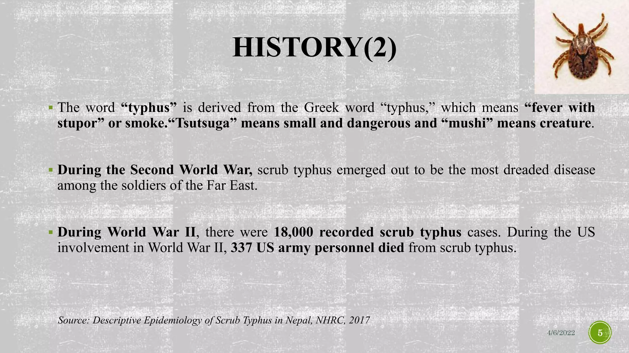 HISTORY(2)
 The word “typhus” is derived from the Greek word “typhus,” which means “fever with
stupor” or smoke.“Tsutsuga” means small and dangerous and “mushi” means creature.
 During the Second World War, scrub typhus emerged out to be the most dreaded disease
among the soldiers of the Far East.
 During World War II, there were 18,000 recorded scrub typhus cases. During the US
involvement in World War II, 337 US army personnel died from scrub typhus.
4/6/2022 5
Source: Descriptive Epidemiology of Scrub Typhus in Nepal, NHRC, 2017
 