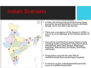 Indian Scenario
• In India, the disease had occurred among troops
during the Second World War in Assam andWest
Bengal, and in the 1965 Indo-Pak war.
• There was a resurgence of the disease in 1990 in a
unit of an army deployed at the Pakistan border of
India.
• Occurrence reported from several states in India
including Jammu and Kashmir, Himachal Pradesh,
Uttarakhand, Bihar, West Bengal, Meghalaya,
Rajasthan, Maharashtra, Karnataka, Tamil Nadu
and Kerala.
• Scrub typhus accounts for upto 50% of
undifferentiated fever presenting to hospitals.
• It remains a major underdiagnosed(suspected)
cause of undifferentiated fever.
 
