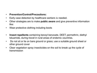 • Prevention/Control/Precautions:
• Early case detection by healthcare workers is needed.
• Other strategies are to make public aware and give preventive information
like:
• Wear protective clothing including boots
• Insect repellents containing benzyl benzoate, DEET, permethrin, diethyl
toluamide, during travel in rural areas of endemic countries.
• Do not sit or lie on bare ground or grass; use a suitable ground sheet or
other ground cover
• Clear vegetation spray insecticides on the soil to break up the cycle of
transmission
 