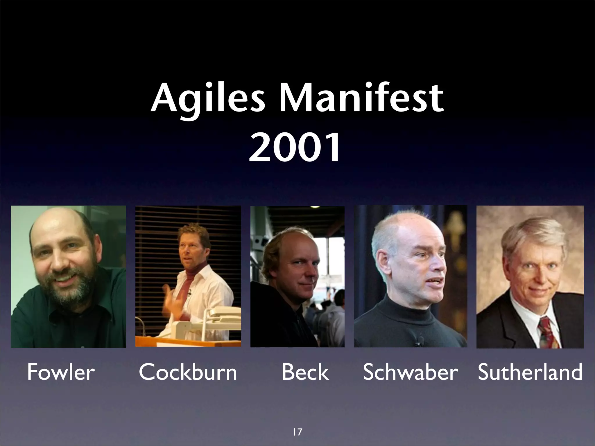 Agiles Manifest
              2001




Fowler   Cockburn   Beck   Schwaber Sutherland

                    17
 