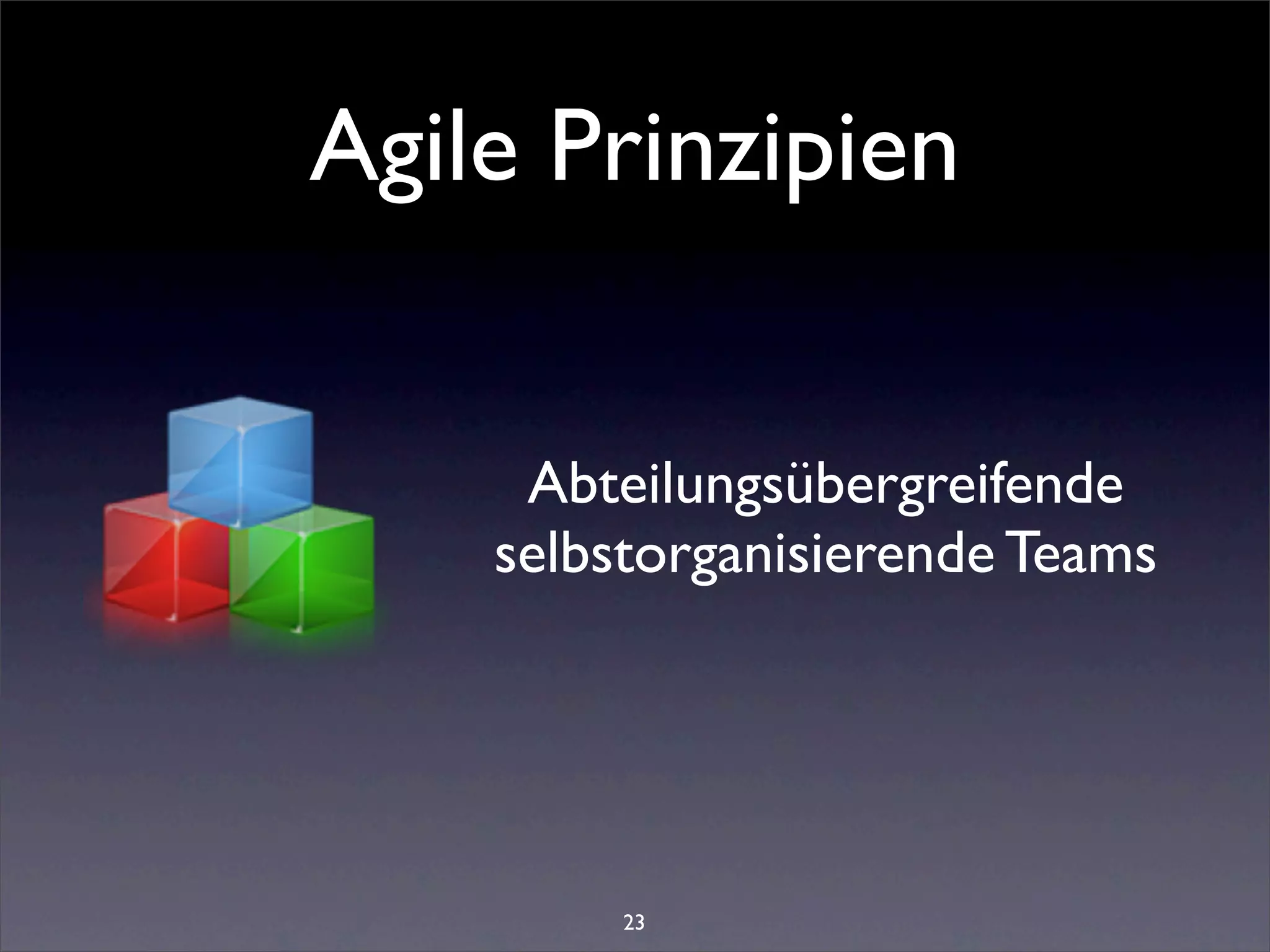 Agile Prinzipien


     Abteilungsübergreifende
    selbstorganisierende Teams




         23
 