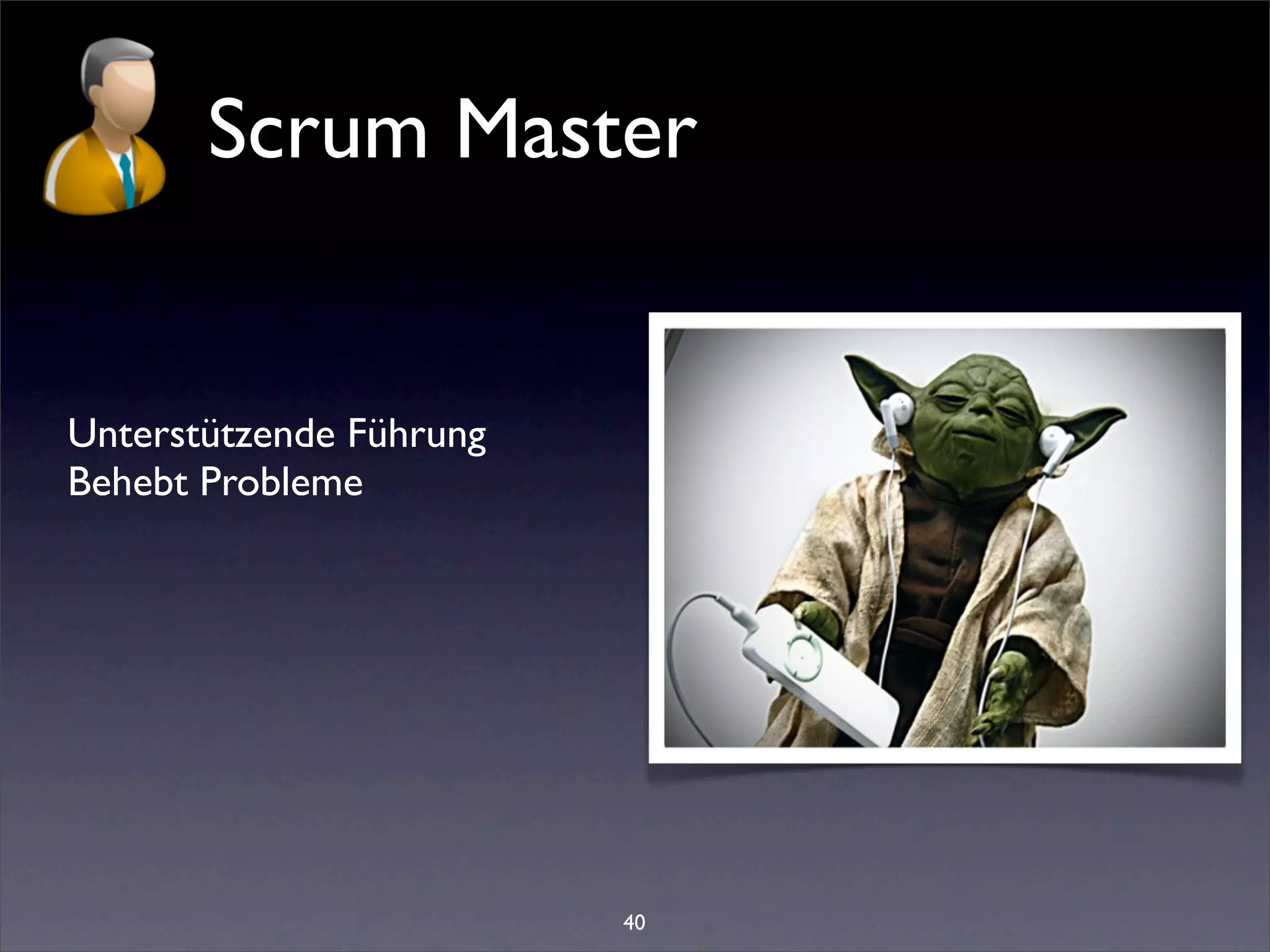 Scrum Master


Unterstützende Führung
Behebt Probleme




                         40
 
