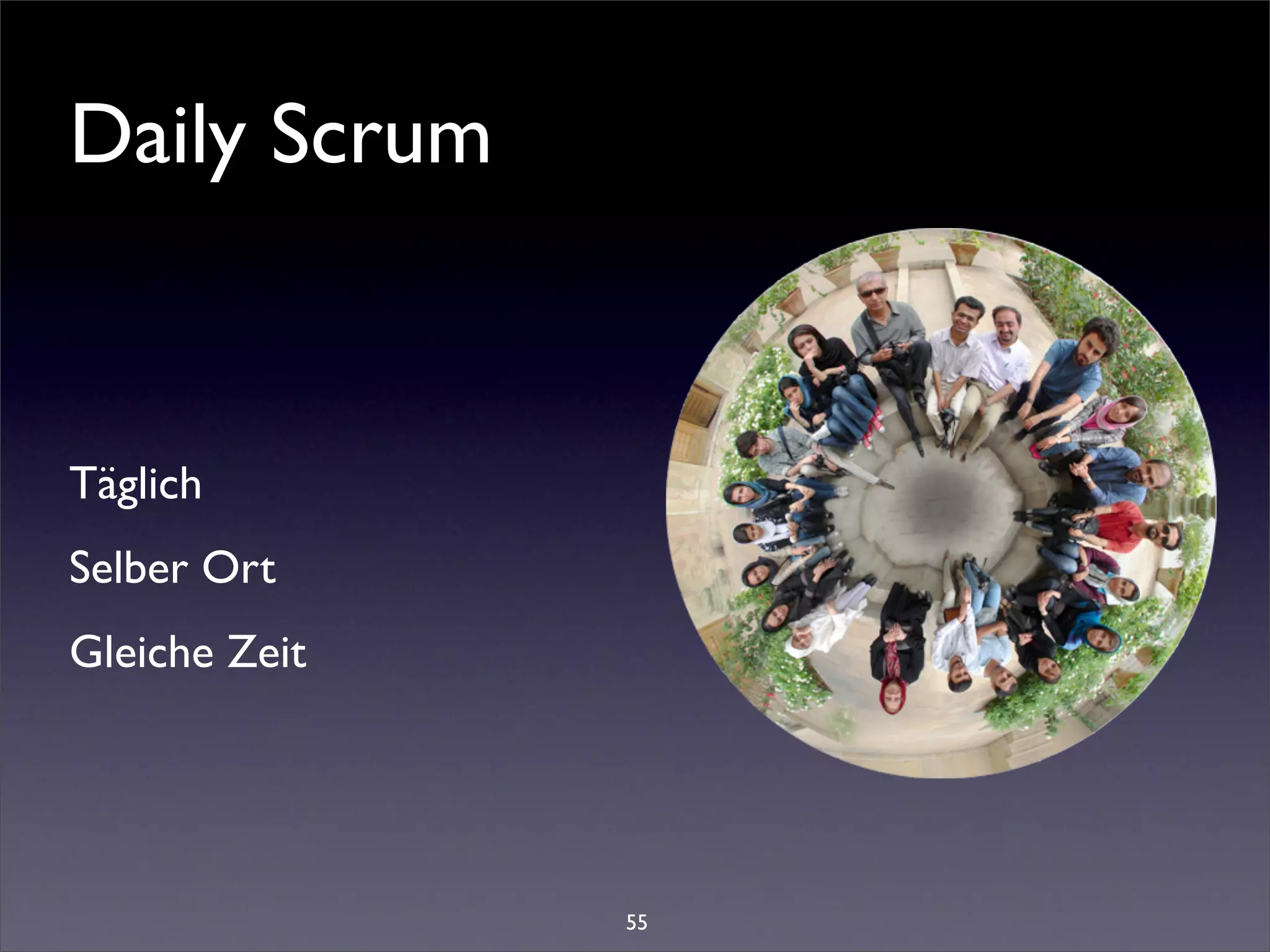 Daily Scrum


Täglich
Selber Ort
Gleiche Zeit




               55
 