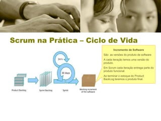 Scrum na Prática – Ciclo de Vida Incremento de Software São  as versões do produto de software A cada iteração temos uma versão do produto. Em Scrum cada iteração entrega parte do produto funcional. Ao terminar o estoque do Product BackLog teremos o produto final. 