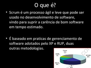 O que é?
• Scrum é um processo ágil e leve que pode ser
  usado no desenvolvimento de software,
  vindo para suprir a carência de bom software
  em tempo estimado.

• É baseado em praticas de gerenciamento de
  software adotados pelo XP e RUP, duas
  outras metodologias.
 