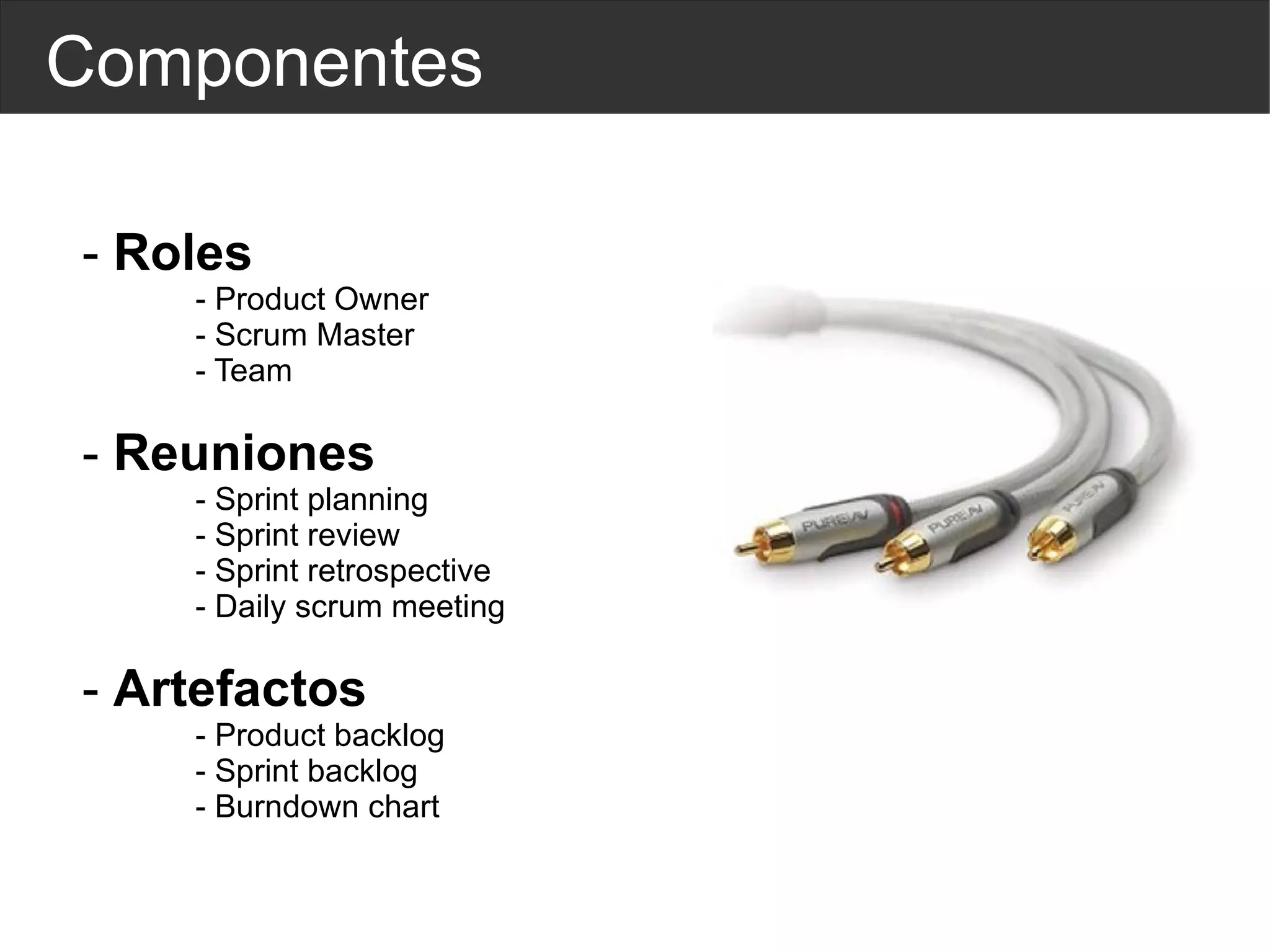 Componentes -  Roles - Product Owner - Scrum Master - Team -  Reuniones - Sprint planning - Sprint review - Sprint retrospective - Daily scrum meeting -  Artefactos - Product backlog - Sprint backlog - Burndown chart 
