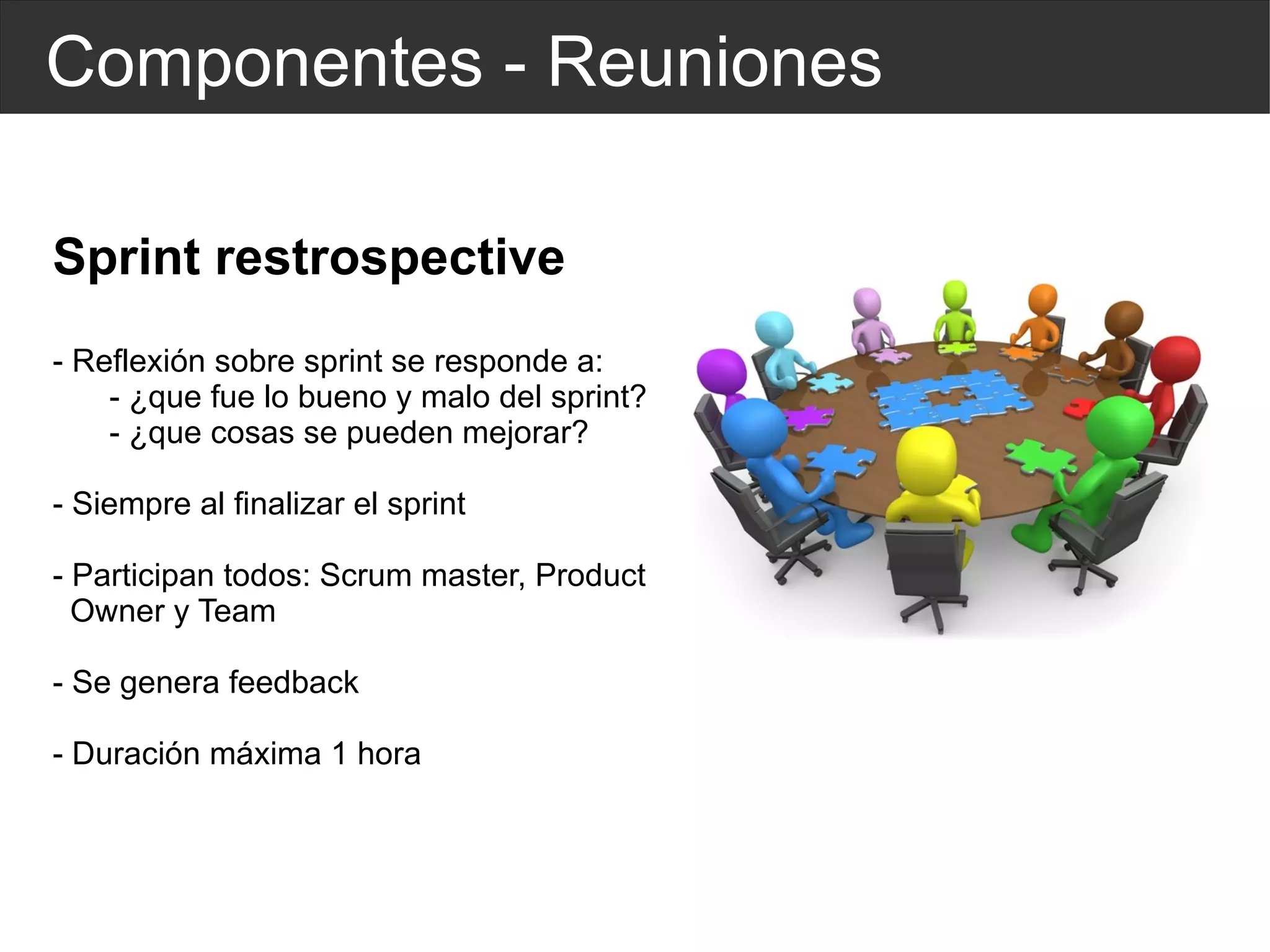 Componentes - Reuniones Sprint restrospective -  Reflexión  sobre sprint se responde a: - ¿que fue lo bueno y malo del sprint? - ¿que cosas se pueden mejorar? - Siempre al finalizar el sprint - Participan todos: Scrum master, Product  Owner y Team - Se genera feedback - Duración máxima 1 hora 