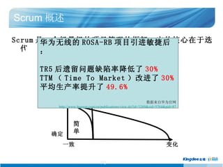 Scrum  Scrum һĿĿܡĺڵ ԵĹ̿ ӻ    ȷ 仯 һ 仯    Ϊߵ ROSA-RB Ŀݺ TR5 ȱʽ 30% TTM  Time To Market Ľ 30% ƽ 49.6% ԻΪ http://www.huawei.com/cn/publications/view.do?id=3269&cid=5764&pid=87 