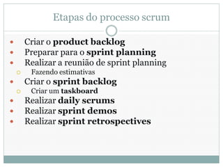 Etapas do processo scrum

       Criar o product backlog
       Preparar para o sprint planning
       Realizar a reunião de sprint planning
        Fazendo estimativas
       Criar o sprint backlog
        Criar um taskboard
       Realizar daily scrums
       Realizar sprint demos
       Realizar sprint retrospectives
 