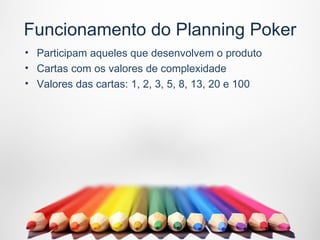 Funcionamento do Planning Poker
• Participam aqueles que desenvolvem o produto
• Cartas com os valores de complexidade
• Valores das cartas: 1, 2, 3, 5, 8, 13, 20 e 100
 