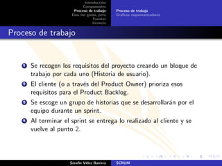 Introducci´n
                                        o
                             Componentes
                        Proceso de trabajo    Proceso de trabajo
                       Esto me gusta, pero    Gr´ﬁcos esquematizadores
                                                a
                                   Fuentes
                                   Licencia


Proceso de trabajo


    1   Se recogen los requisitos del proyecto creando un bloque de
        trabajo por cada uno (Historia de usuario).
    2   El cliente (o a trav´s del Product Owner) prioriza esos
                            e
        requisitos para el Product Backlog.
    3   Se escoge un grupo de historias que se desarrollar´n por el
                                                          a
        equipo durante un sprint.
    4   Al terminar el sprint se entrega lo realizado al cliente y se
        vuelve al punto 2.



                      Seraf´ V´lez Barrera
                           ın e               SCRUM
 