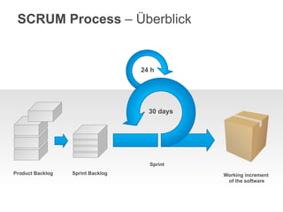 SCRUM Process – Überblick


                                   24 h




                                     30 days




                                     Sprint
Product Backlog   Sprint Backlog               Working increment
                                                of the software
 