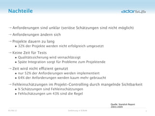 Nachteile


→ Anforderungen sind unklar (seriöse Schätzungen sind nicht möglich)
→ Anforderungen ändern sich
→ Projekte dauern zu lang
     • 32% der Projekte werden nicht erfolgreich umgesetzt
→ Keine Zeit für Tests
     • Qualitätssicherung wird vernachlässigt
     • Späte Integration sorgt für Probleme zum Projektende
→ Zeit wird nicht effizient genutzt
     • nur 52% der Anforderungen werden implementiert
     • 64% der Anforderungen werden kaum mehr gebraucht
→ Fehleinschätzungen im Projekt-Controlling durch mangelnde Sichtbarkeit
     • % Schätzungen sind Fehleinschätzungen
     • Fehlschätzungen um 43% sind die Regel

                                                              Quelle: Standish Report
                                                              2003/2009
05/08/12                              Einführung in SCRUM                               7
 