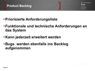 Product Backlog Priorisierte Anforderungsliste Funktionale und technische Anforderungen an das System Kann jederzeit erweitert werden Bugs  werden ebenfalls ins Backlog aufgenommen Seite    Agile Grundlagen [   Scrum  ] Vorteile Nachteile Ausblick 