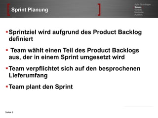 Sprint Planung Sprintziel wird aufgrund des Product Backlog definiert  Team wählt einen Teil des Product Backlogs aus, der in einem Sprint umgesetzt wird Team verpflichtet sich auf den besprochenen Lieferumfang Team plant den Sprint Seite    Agile Grundlagen [   Scrum  ] Vorteile Nachteile Ausblick 