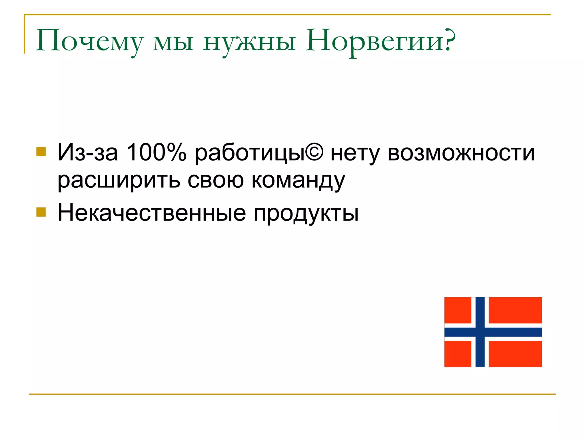 Почему мы нужны Норвегии? Из-за 100% работицы ©  нету возможности расширить свою команду Некачественные продукты 