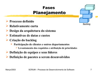 Fases  Planejamento Processo definido  Relativament e  curta Des ign  da arquitetura do sistema Estimativas de datas e custos Criação do backlog Participação de clientes e outros departamentos Levantamento dos requisitos e atribuição de prioridades Definição de equipes e seus líderes Definição de pacotes a serem desenvolvidos Backlog 