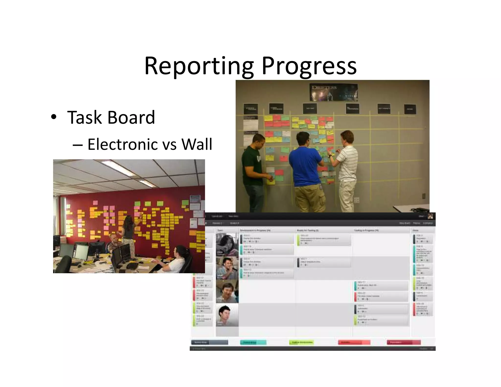 Reporting Progress
• Task Board
– Electronic vs Wall
 