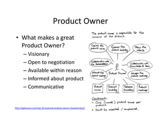 Product Owner
• What makes a great
Product Owner?
– Visionary
– Open to negotiation
– Available within reason
– Informed about product
– Communicative
http://agilescout.com/top-10-essential-product-owner-characteristics/
 