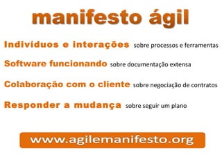 Indivíduos e interações
Software funcionando

sobre processos e ferramentas

sobre documentação extensa

Colaboração com o cliente
Responder a mudança

sobre negociação de contratos

sobre seguir um plano

 