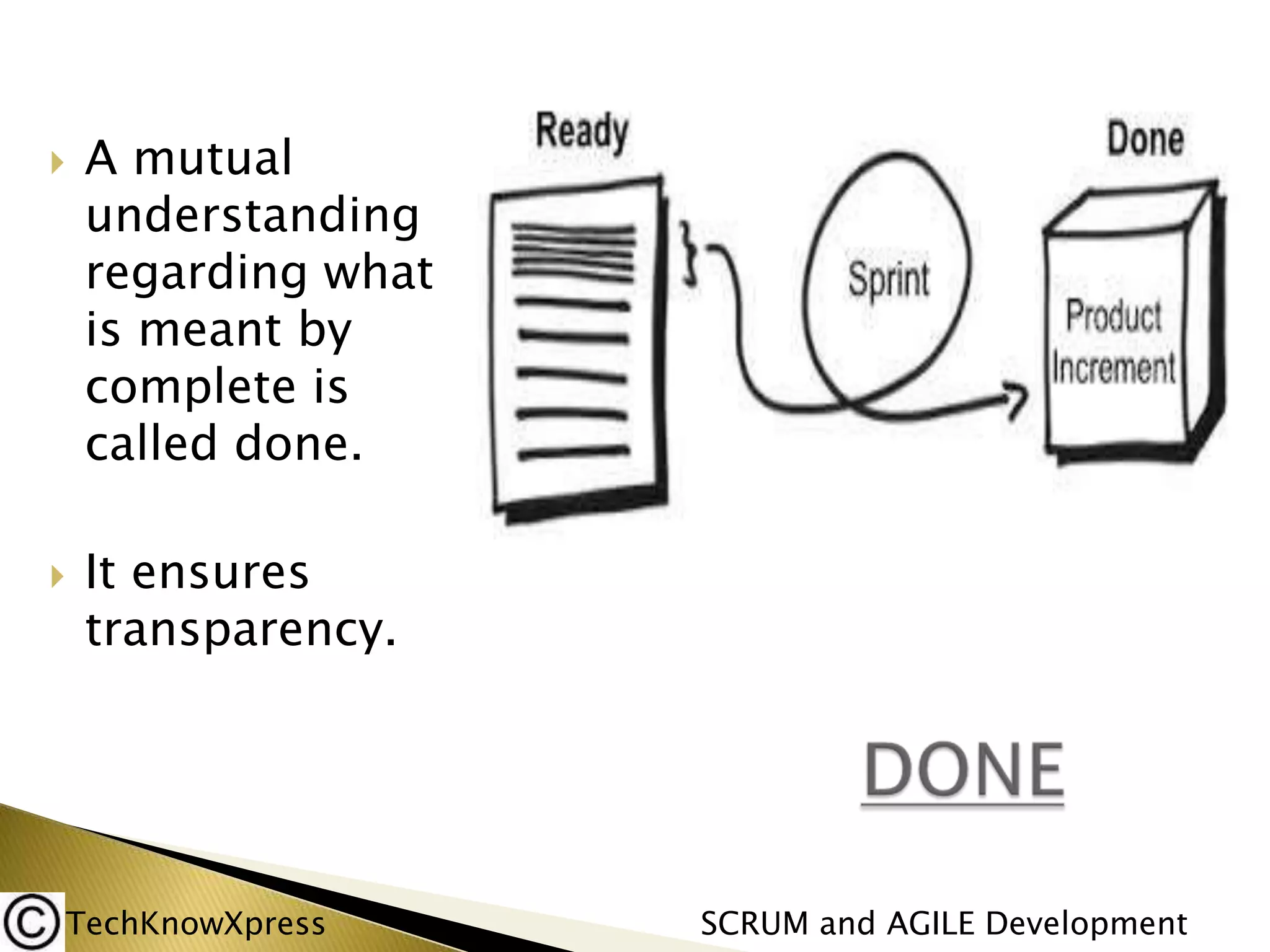 



A mutual
understanding
regarding what
is meant by
complete is
called done.
It ensures
transparency.

TechKnowXpress

SCRUM and AGILE Development

 
