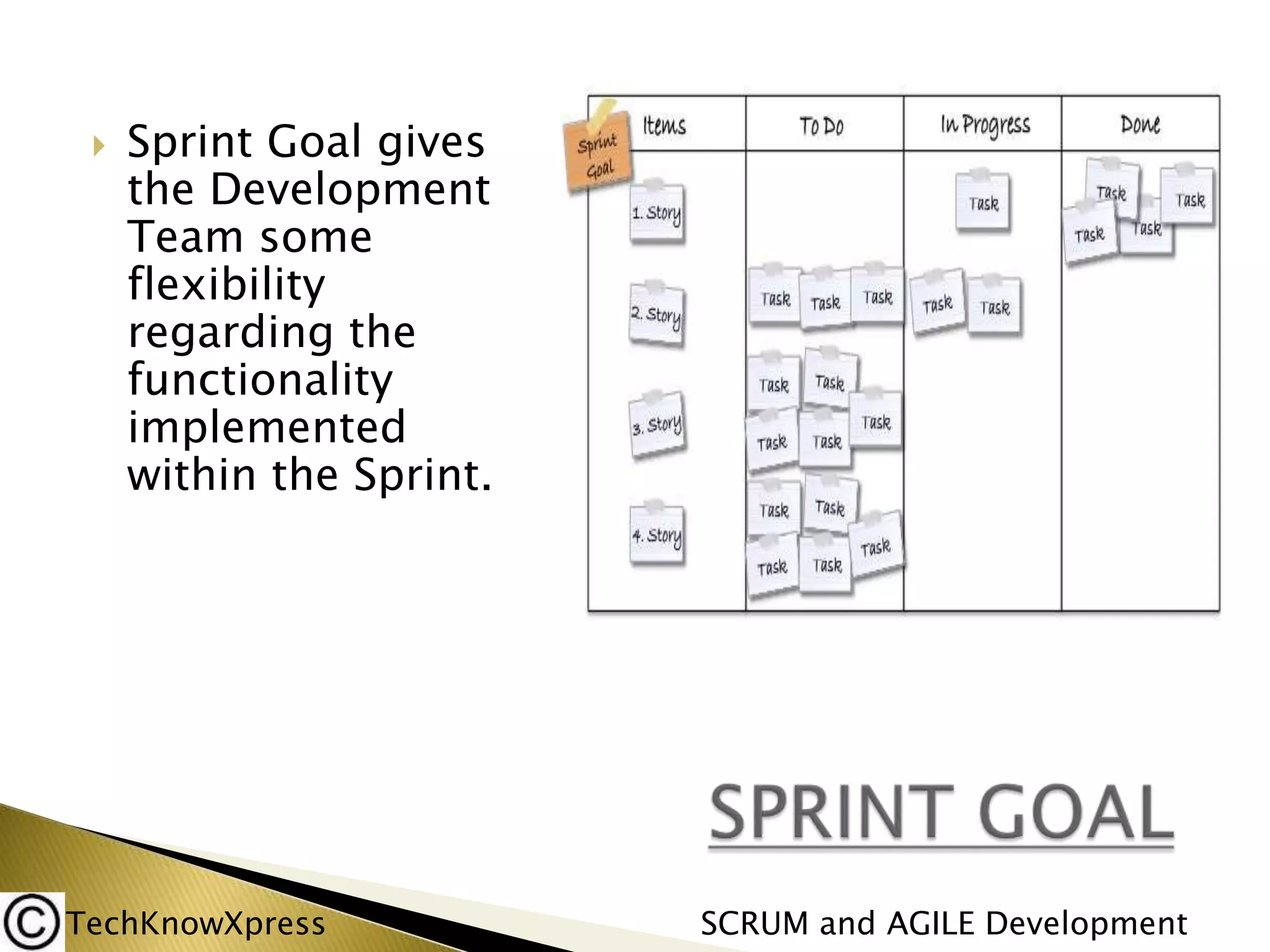 

Sprint Goal gives
the Development
Team some
flexibility
regarding the
functionality
implemented
within the Sprint.

TechKnowXpress

SCRUM and AGILE Development

 