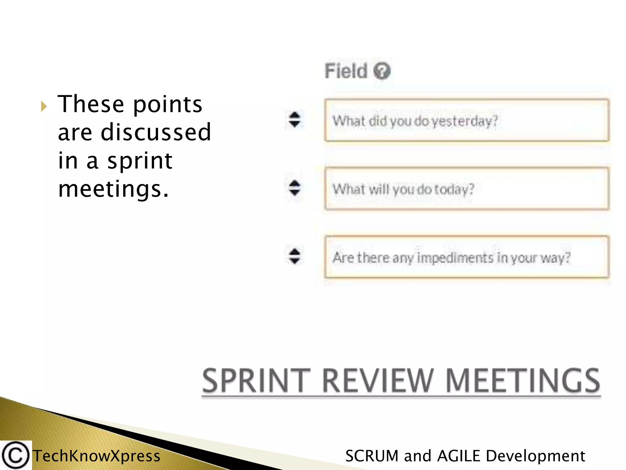 

These points
are discussed
in a sprint
meetings.

TechKnowXpress

SCRUM and AGILE Development

 