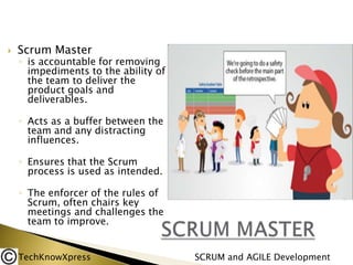 

Scrum Master

◦ is accountable for removing
impediments to the ability of
the team to deliver the
product goals and
deliverables.
◦ Acts as a buffer between the
team and any distracting
influences.
◦ Ensures that the Scrum
process is used as intended.
◦ The enforcer of the rules of
Scrum, often chairs key
meetings and challenges the
team to improve.

TechKnowXpress

SCRUM and AGILE Development

 