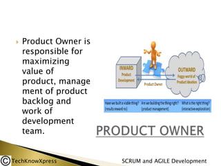 

Product Owner is
responsible for
maximizing
value of
product, manage
ment of product
backlog and
work of
development
team.

TechKnowXpress

SCRUM and AGILE Development

 
