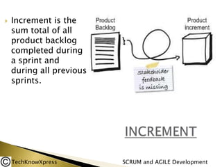 

Increment is the
sum total of all
product backlog
completed during
a sprint and
during all previous
sprints.

TechKnowXpress

SCRUM and AGILE Development

 