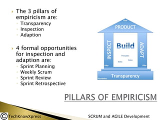 

The 3 pillars of
empiricism are:
◦ Transparency
◦ Inspection
◦ Adaption



4 formal opportunities
for inspection and
adaption are:
◦
◦
◦
◦

Sprint Planning
Weekly Scrum
Sprint Review
Sprint Retrospective

TechKnowXpress

SCRUM and AGILE Development

 