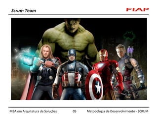 Scrum Team

MBA em Arquitetura de Soluções

05

Metodologia de Desenvolvimento - SCRUM

 
