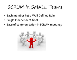 SCRUM in SMALL Teams
• Each member has a Well Defined Role 
• Single Independent Goal 
• Ease of communication in SCRUM meetings 
 
 

 