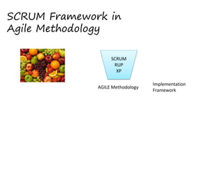SCRUM Framework in
Agile Methodology
 

SCRUM  
RUP  
SCRUM 
XP 

AGILE Methodology 

Implementation 
Framework 

 