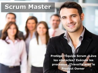 Scrum MasterScrum Master
Protège l’Équipe Scrum /Lève
les obstacles/ Exécute les
processus /Travaille avec le
Product Owner 12
 