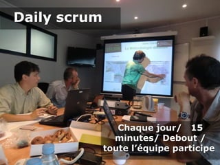 18
Daily scrumDaily scrum
Chaque jour/ 15
minutes/ Debout /
toute l’équipe participe
Chaque jour/ 15
minutes/ Debout /
toute l’équipe participe
 