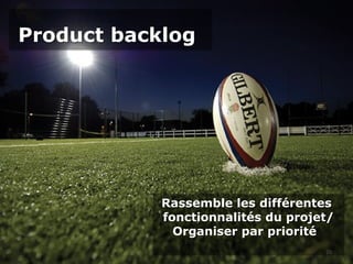 Product backlogProduct backlog
25
Rassemble les différentes
fonctionnalités du projet/
Organiser par priorité
Rassemble les différentes
fonctionnalités du projet/
Organiser par priorité
 