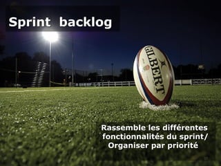 Sprint backlogSprint backlog
27
Rassemble les différentes
fonctionnalités du sprint/
Organiser par priorité
Rassemble les différentes
fonctionnalités du sprint/
Organiser par priorité
 