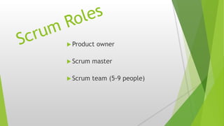  Product owner
 Scrum master
 Scrum team (5-9 people)
 