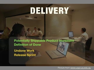 DELIVERY
Deﬁnition of Done
Undone Work
Release Sprint
Potentially Shippable Product Increment
Picture from www.uqul.uq.edu.au
 