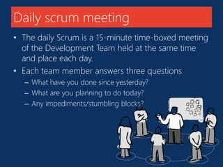 Daily scrum meeting 
• The daily Scrum is a 15-minute time-boxed meeting 
of the Development Team held at the same time 
and place each day. 
• Each team member answers three questions 
– What have you done since yesterday? 
– What are you planning to do today? 
– Any impediments/stumbling blocks? 
 