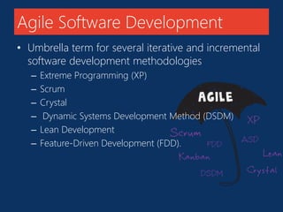 Agile Software Development 
• Umbrella term for several iterative and incremental 
software development methodologies 
– Extreme Programming (XP) 
– Scrum 
– Crystal 
– Dynamic Systems Development Method (DSDM) 
– Lean Development 
– Feature-Driven Development (FDD). 
 