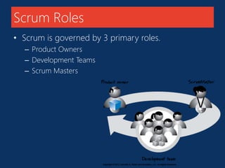 Scrum Roles 
• Scrum is governed by 3 primary roles. 
– Product Owners 
– Development Teams 
– Scrum Masters 
 